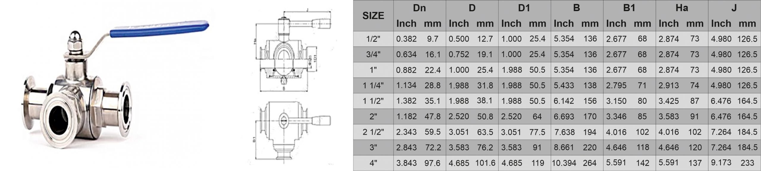 ss sanitary Ball Valve 3 way tc end